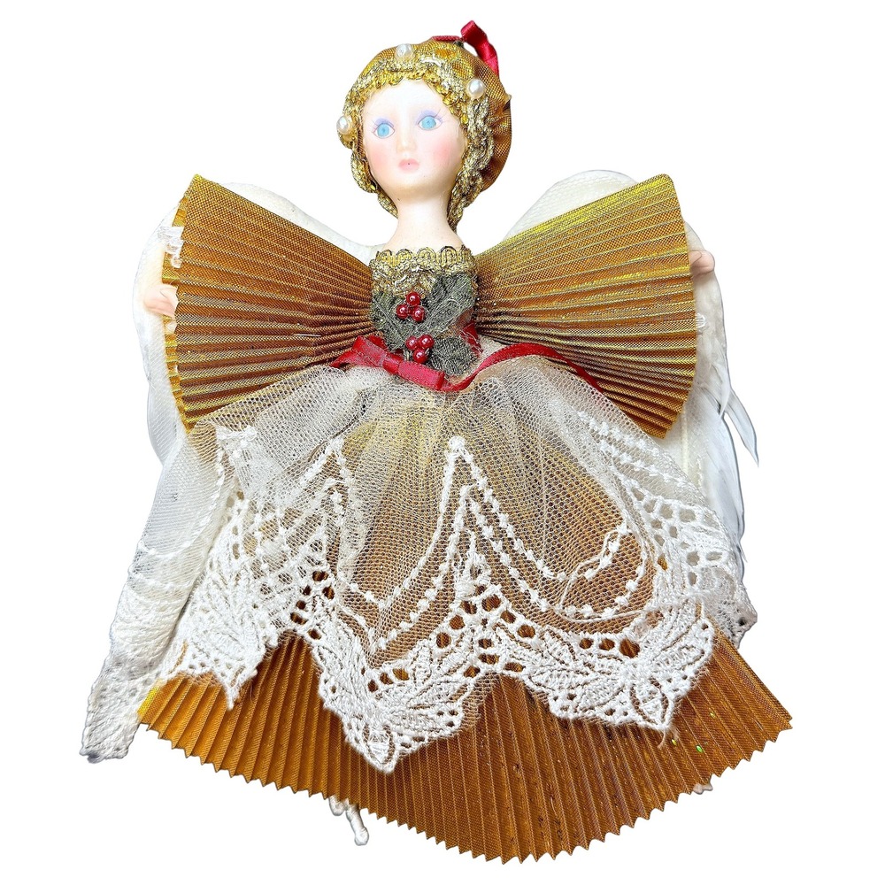 Vintage Kurt Adler Porcelain Angel Gold Pleated Christmas Decor Ornament 1987 - Picture 1 of 8